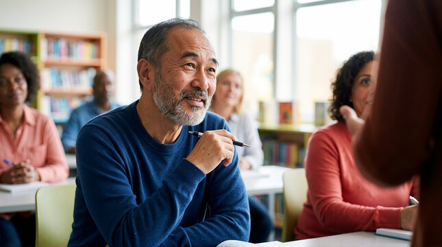 Attentive mature Asian man listening to a lecture in a continuing education classroom. Adult student participating in a lifelong learning course