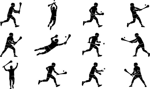 Hurling players  silhouette icon set, flat black glyph style, pure white background