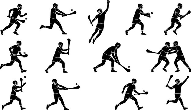 Hurling players  silhouette icon set, flat black glyph style, pure white background