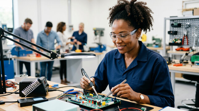 Smiling black female student soldering a circuit board in a vocational training class. Adult education and technical trade school concept