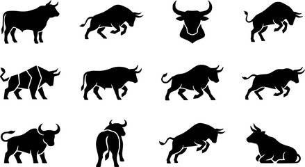 Obraz premium Bull silhouette icon set, flat black glyph style, pure white background