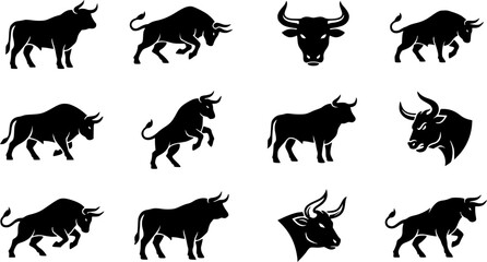 Obraz premium Bull silhouette icon set, flat black glyph style, pure white background