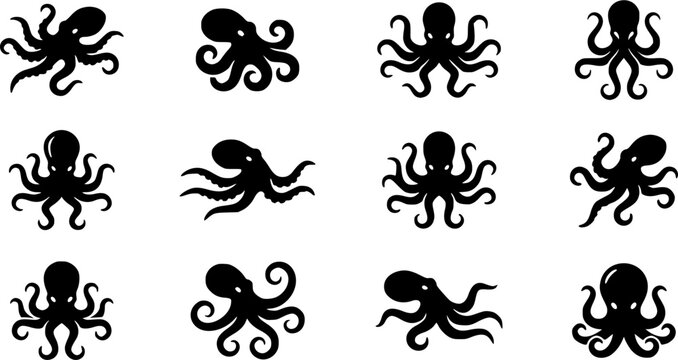 Octopus silhouette icon set, flat black glyph style, pure white background