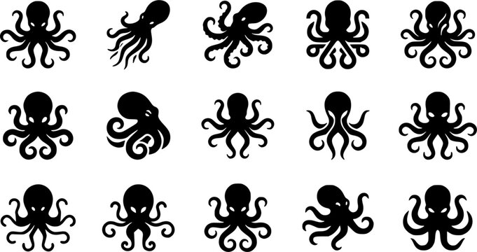 Octopus silhouette icon set, flat black glyph style, pure white background