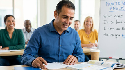 Adult English learning class. Smiling middle aged man writing in notebook at desk. Diverse students in practical English language course