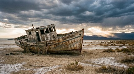 Naklejka premium Weathered Wooden Ship Abandoned on a Barren Salt Flat Under a Dramatic Stormy Sky at Sunset