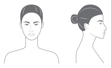 Fototapeta premium Slick Bun hairstyle black white front profile views, smooth bun hair shape tight composition for avatar, salon, beauty chart, fashion graphic