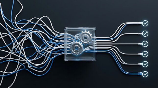 Technology concept of simplifying chaos with tangled cables passing through a gear system to become straight organized lines with blue success checkmarks