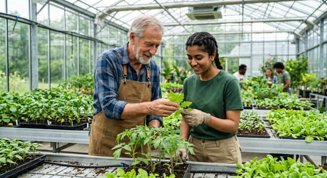 Senior farmer mentoring young agricultural worker in modern greenhouse.
