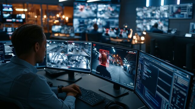 Wideangle view of a modern corporate control room displaying AIpowered safety camera visuals with focused red alerts on a bareheaded worker soft background monitors illuminated by
