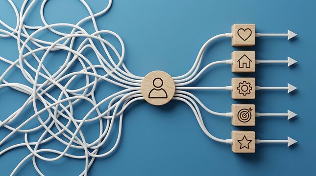 Mental wellness and life planning concept showing complex tangled wires processed into structured paths for personal goals home and career