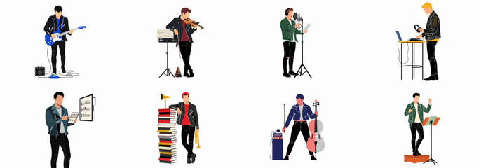 Flat Vector Illustration Set of Modern Musicians and Performers Including Guitarist, Violinist, Singer, DJ, Cellist, and Conductor © yuki