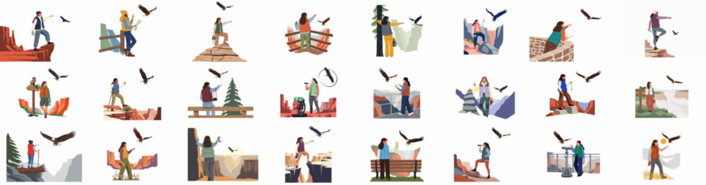 Collection of flat vector illustrations featuring women hikers admiring bald eagles in various scenic mountain and canyon landscapes during outdoor adventures.