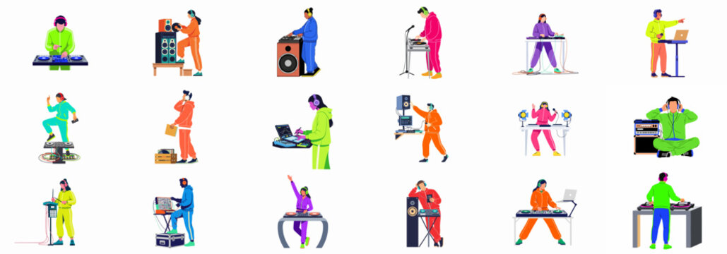 Collection of Diverse Flat Vector Illustrations Featuring Male and Female DJs and Music Producers in Colorful Tracksuits Using Professional Audio Equipment