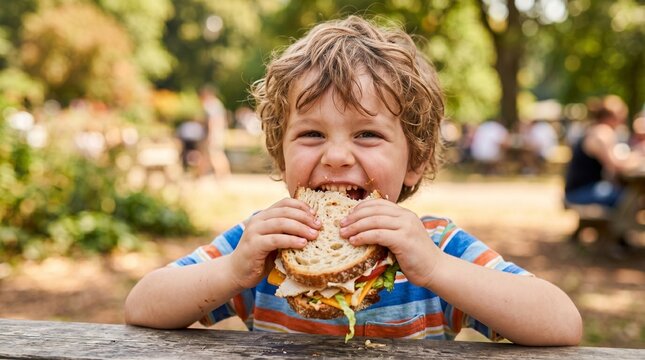 young boy eating a sanduich