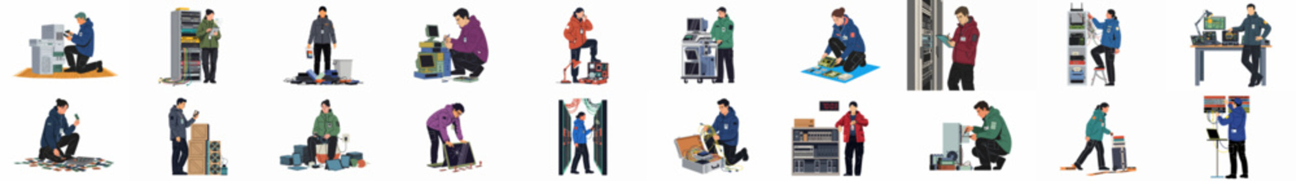 Comprehensive collection of flat vector illustrations depicting IT professionals, technicians, and engineers working on computer hardware, server maintenance, and electronic waste management.