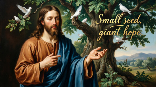 Jesus teaches the parable of the mustard seed showing faith growing strong from small beginnings.