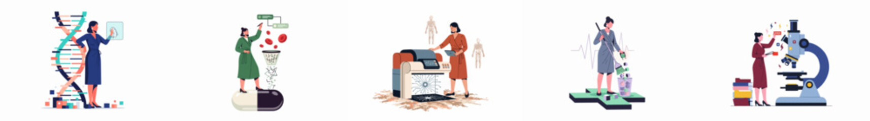 Obraz premium Flat vector illustrations of female scientists and doctors working on biotechnology, medicine research, 3D bioprinting, and medical data analysis in a modern laboratory.