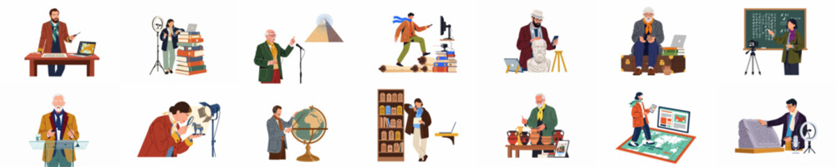 Fototapeta premium Vector illustrations of historians and archaeologists using modern technology and ancient artifacts for research, teaching, and online education.