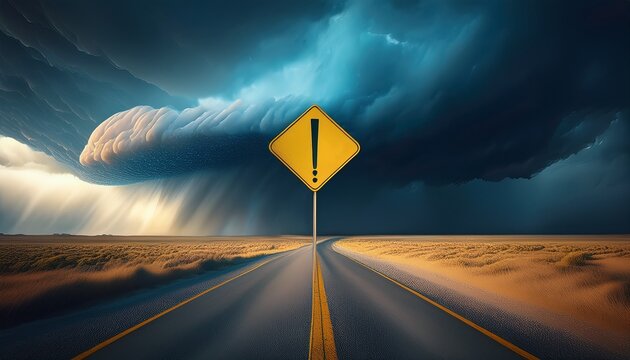 severe weather warning caution road sign against dramatic storm clouds safety alert