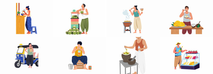 Naklejka premium A collection of colorful flat illustrations depicting tourists and locals enjoying various Southeast Asian street foods, snacks, and refreshing tropical drinks.