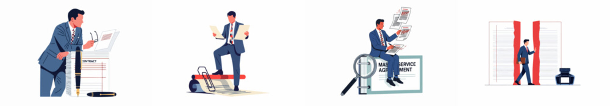 Set of illustrations depicting a businessman managing legal documents, contracts, and master service agreements in a professional corporate environment.