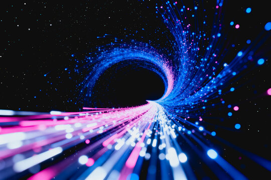 A 3D abstract illustration of a glowing digital wormhole with colorful light streaks flowing through dark starry space, representing futuristic cosmic travel.