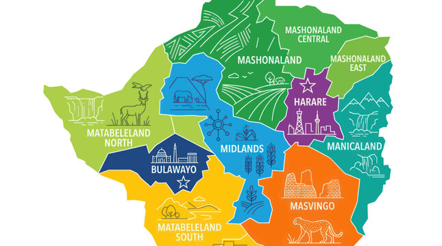 Colorful Map of Zimbabwe Regions with Landmarks and Icons