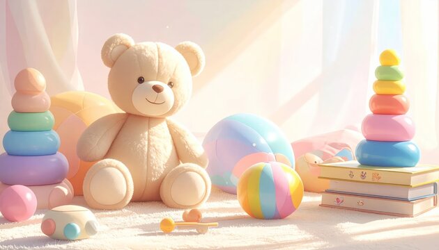 Teddy bear with stacking rings and colorful ball toy.