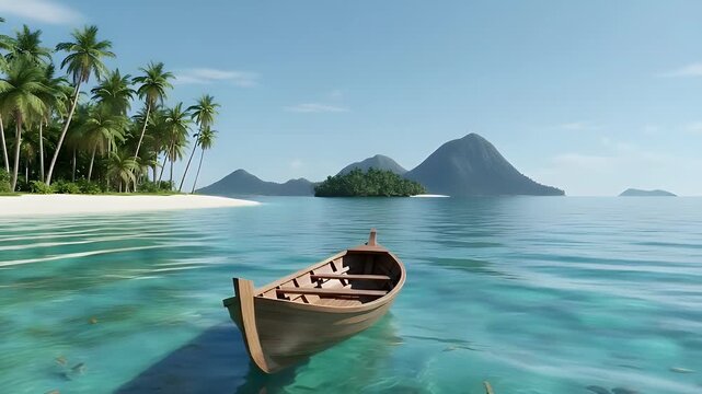 A serene wooden boat gently floats in crystal clear turquoise water beside a pristine tropical island beach with lush palm trees under a bright blue sky.