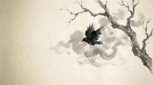 Flying crow near a gnarled tree branch painted in traditional sumi e style. Artistic ink wash drawing of a bird in a misty atmosphere. Japanese oriental art aesthetic concept design.