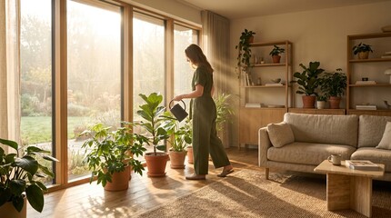 Fototapeta premium Circadian living room dawn plant care with warm sun and natural layers