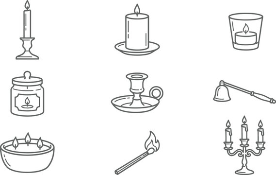 Candle and lighting accessory including pillar candles, glass jars, a matchstick, and a candle snuffer on a white background