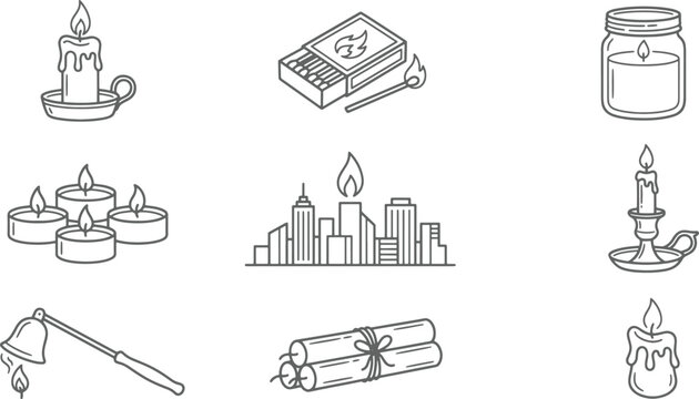 Collection of candle and fire related line including candles in holders, matches, city skyline with flame, and a candle snuffer tool