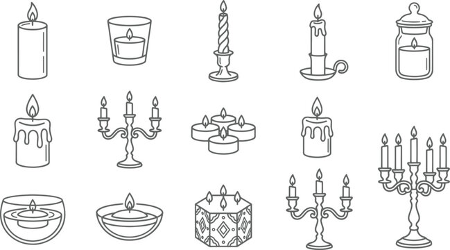 Collection of candle in a simple line style featuring various types of wax candles, candelabras, and glass candle holders