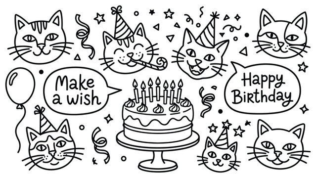 Happy birthday celebration theme with cats balloons cake and lettering for kids activity.