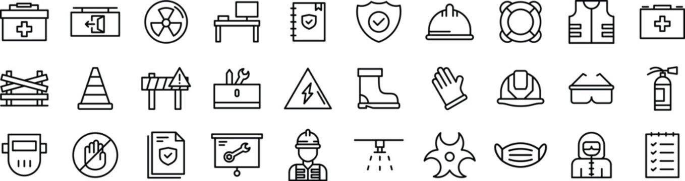 Workplace Safety and Industrial Protection Line Icons Collection for Construction, Hazard Prevention, Emergency Response and Occupational Health Design