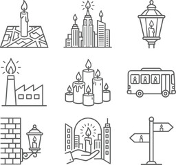 Fototapeta premium Linear of candles integrated with maps, city skylines, lanterns, factory chimneys, buses, brick walls, and signposts on white background
