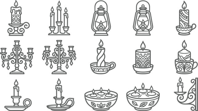Decorative candle and lantern featuring ornate candelabras, tea lights, and vintage oil lamps on a plain white background