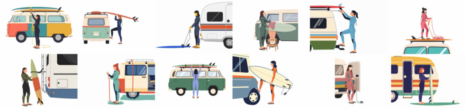 Flat vector illustration collection of women surfers loading surfboards onto vintage camper vans and trailers for a coastal road trip adventure.
