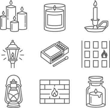 Linear of candles, lanterns, matchboxes, and fireplace flames arranged in a grid pattern on a clean white background, surface area