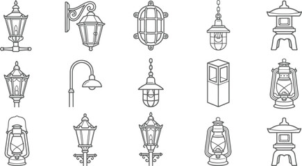 Fototapeta premium Set of outdoor lamp and lantern featuring various street lights, hanging fixtures, and wall mounted in line style