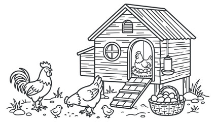 Rustic wooden chicken coop on farm with rooster hen and chicks gathered in the backyard. © MST. RATNA AKTER