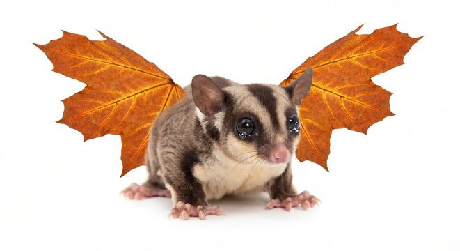Sugar glider with maple leaf wings isolated on white background. Magical forest animal character for fairy tale, autumn season, fantasy art and creative nature design concept.