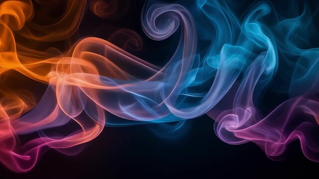 Colorful swirling smoke patterns in blue, orange, and purple on black background