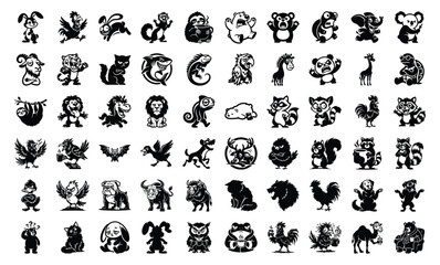 Fototapeta premium Big Set of 60 black and white cartoon animal icons and characters in a sketch style collection for design projects isolated on white background