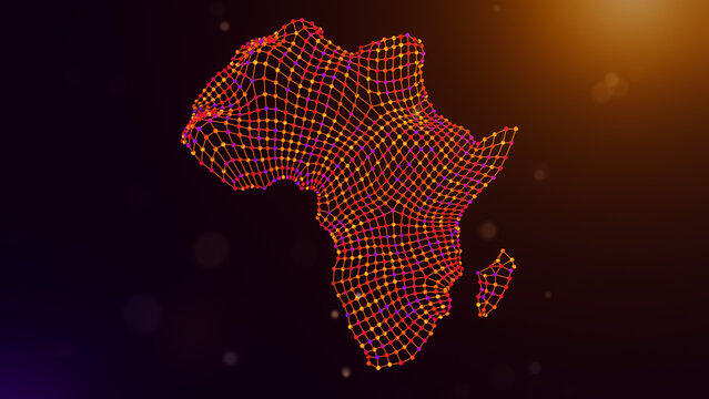 Africa continent map visualized as a flowing network of interconnected nodes and lines with glowing purple and orange bokeh lights, symbolizing digital transformation and connectivity.