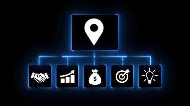 Business concept flow chart with icons for handshake growth money target and idea on black background with blue glow