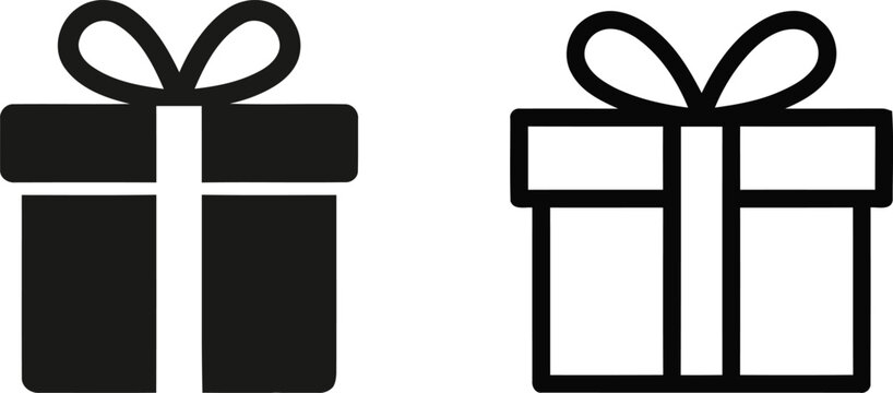 Wrapped gift box present icons in solid and line art style with celebration