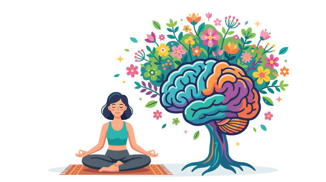 Woman Meditating Next to Blooming Brain Tree Illustration